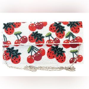 new sol mer Beaded Clutch Bag berry cherry strawberry White red chain flaw